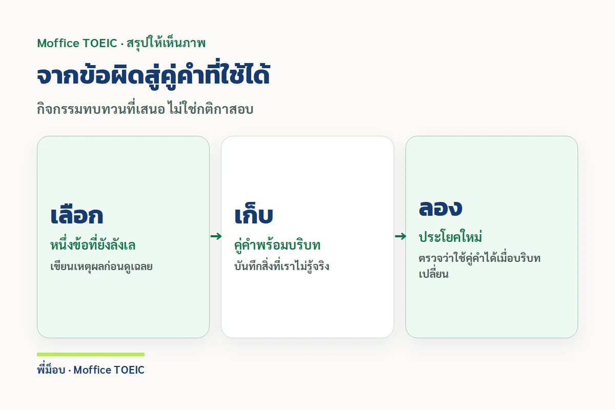 จากข้อผิดสู่คู่คำที่ใช้ได้ — กิจกรรมทบทวนที่เสนอ ไม่ใช่กติกาสอบ
