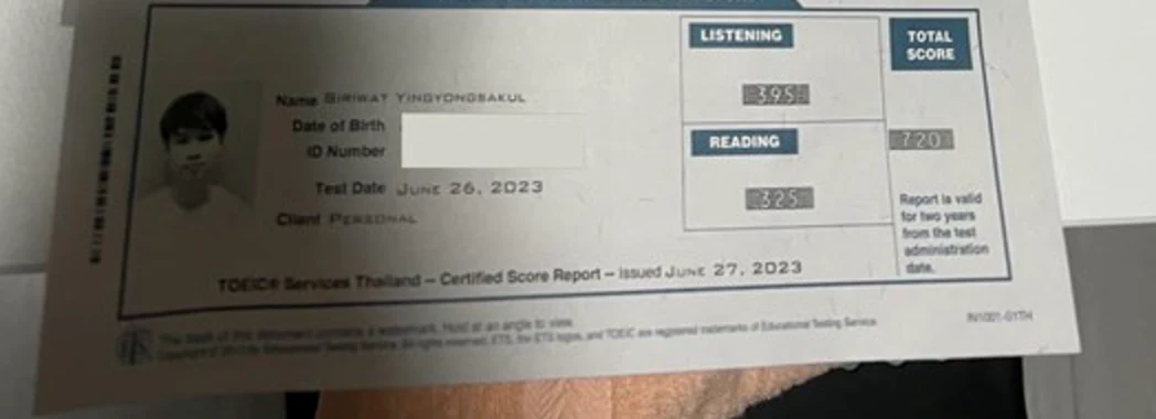ใบคะแนน TOEIC 720 หลังเรียนกับพี่ม็อบ